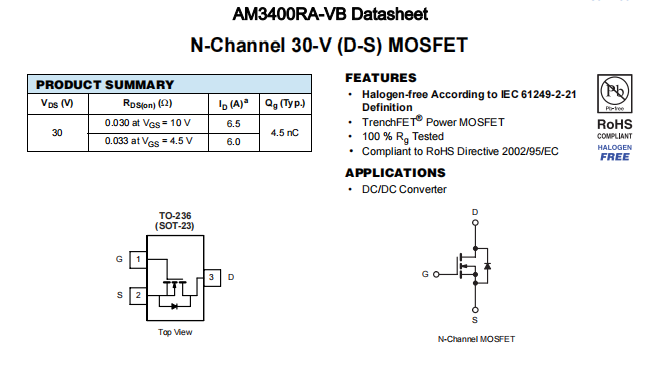 AM3400RA-VB一种N—Channel沟道SOT23封装MOS管