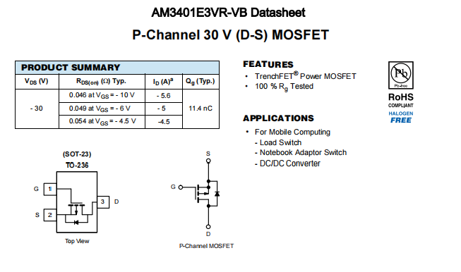 AM3401E3VR-VB一种P—Channel沟道SOT23封装MOS管