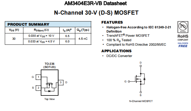 AM3404E3R-VB一种N—Channel沟道SOT23封装MOS管