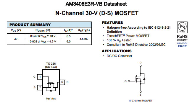 AM3406E3R-VB一种N—Channel沟道SOT23封装MOS管