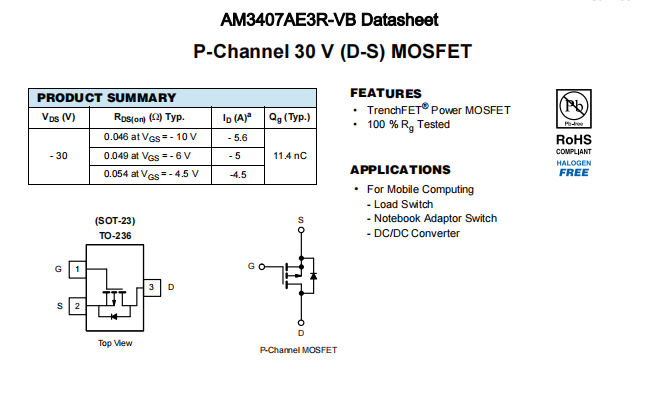 AM3407AE3R-VB一种P—Channel沟道SOT23封装MOS管