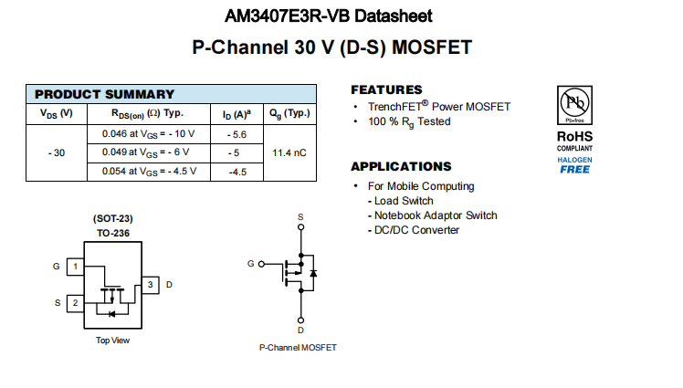 AM3407E3R-VB一种P—Channel沟道SOT23封装MOS管