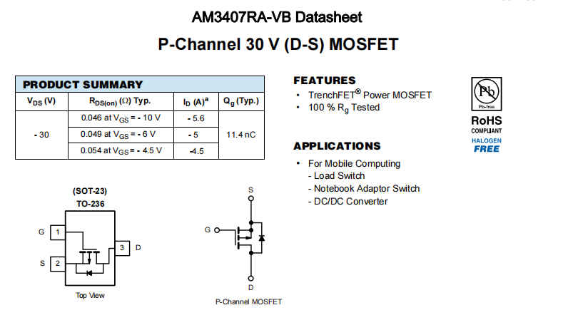 AM3407RA-VB一种P—Channel沟道SOT23封装MOS管