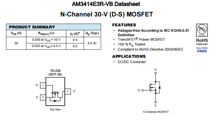 AM3414E3R-VB一种N—Channel沟道SOT23封装MOS管