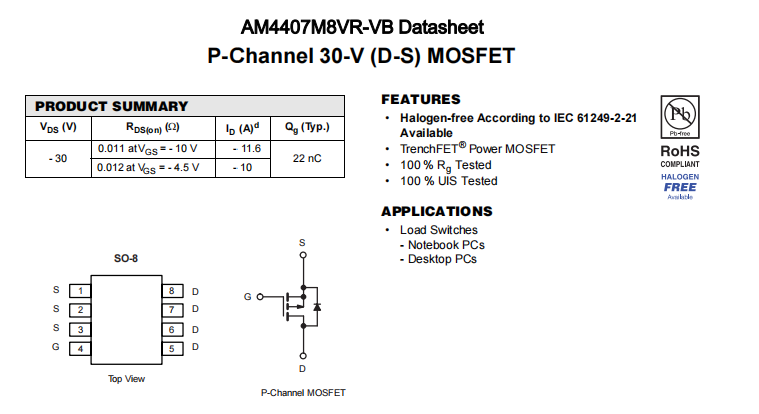 AM4407M8VR-VB一种P—Channel沟道SOP8封装MOS管