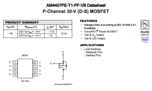 AM4407PE-T1-PF-VB一种P—Channel沟道SOP8封装MOS管