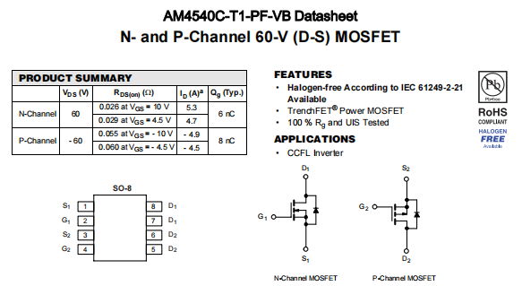 AM4540C-T1-PF-VB一种N+P—Channel沟道SOP8封装MOS管