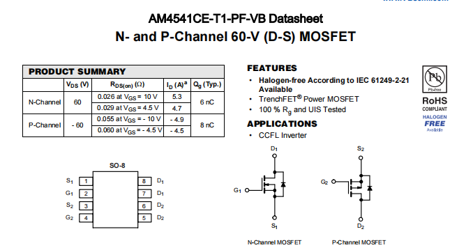 AM4541CE-T1-PF-VB一种N+P—Channel沟道SOP8封装MOS管