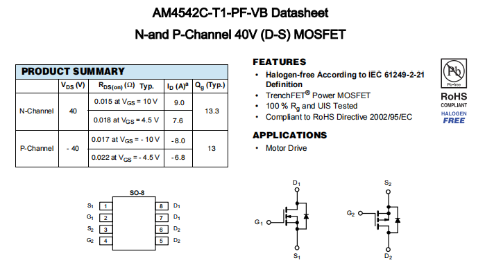 AM4542C-T1-PF-VB一种N+P—Channel沟道SOP8封装MOS管