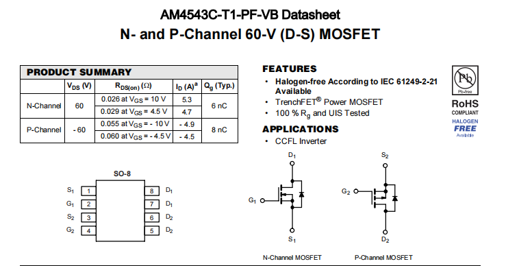 AM4543C-T1-PF-VB一种N+P—Channel沟道SOP8封装MOS管