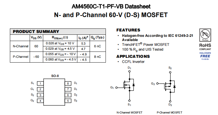 AM4560C-T1-PF-VB一种N+P—Channel沟道SOP8封装MOS管