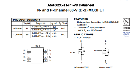 AM4562C-T1-PF-VB一种N+P—Channel沟道SOP8封装MOS管