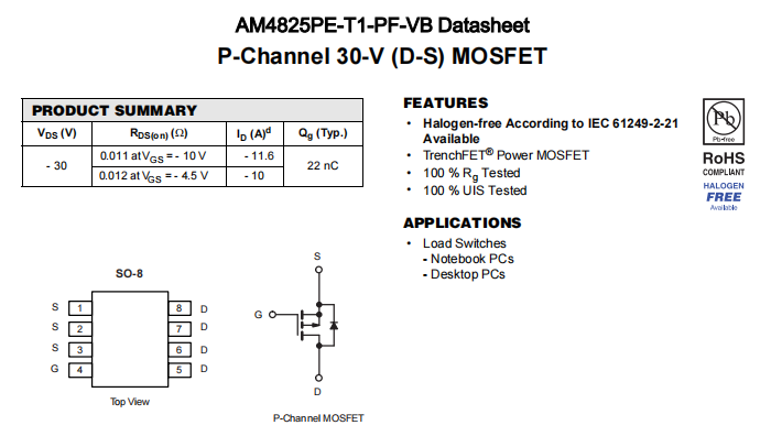 AM4825PE-T1-PF-VB一种P—Channel沟道SOP8封装MOS管