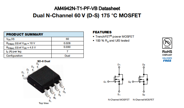 AM4942N-T1-PF-VB一种2个N—Channel沟道SOP8封装MOS管