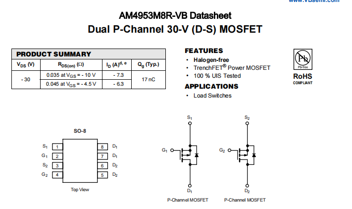 AM4953M8R-VB一种2个P—Channel沟道SOP8封装MOS管