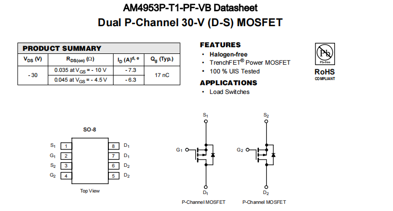 AM4953P-T1-PF-VB一种2个P—Channel沟道SOP8封装MOS管