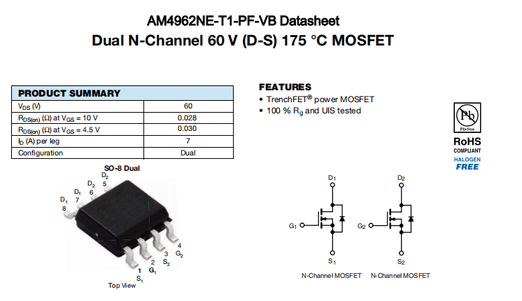 AM4962NE-T1-PF-VB一种2个N—Channel沟道SOP8封装MOS管