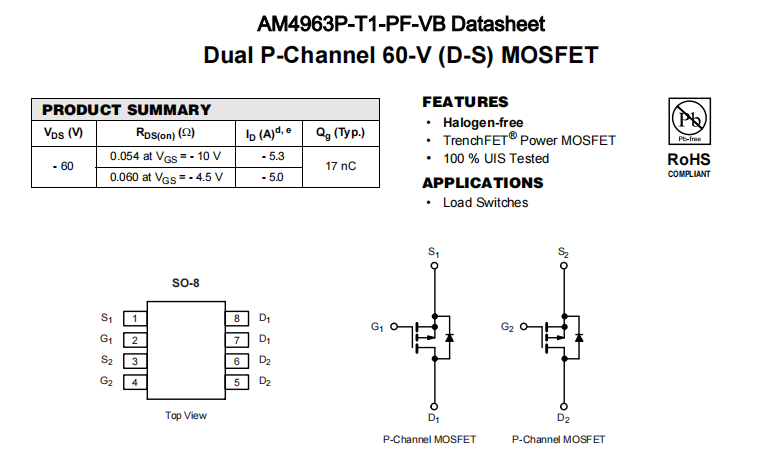 AM4963P-T1-PF-VB一种2个P—Channel沟道SOP8封装MOS管