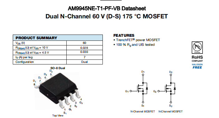 AM9945NE-T1-PF-VB一种2个N—Channel沟道SOP8封装MOS管