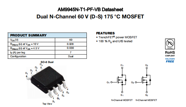 AM9945N-T1-PF-VB一种2个N—Channel沟道SOP8封装MOS管