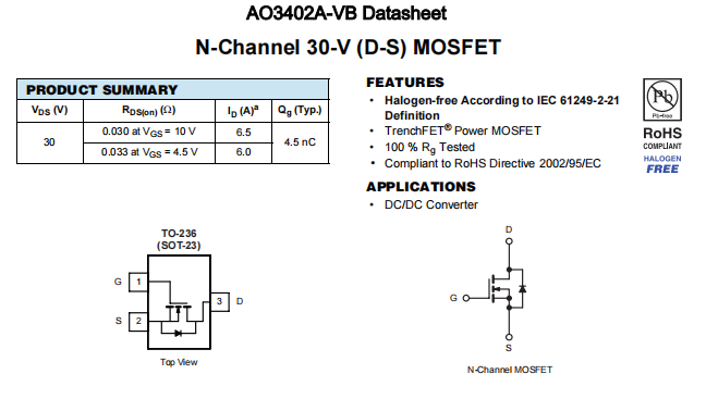 AO3402A-VB一种N—Channel沟道SOT23封装MOS管