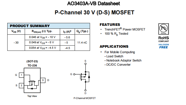 AO3403A-VB一种P—Channel沟道SOT23封装MOS管