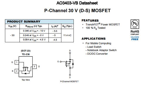 AO3403-VB一种P—Channel沟道SOT23封装MOS管