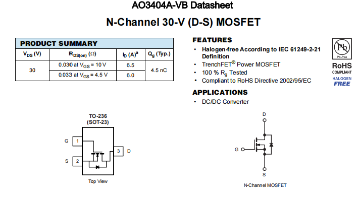 AO3404A-VB一种N—Channel沟道SOT23封装MOS管