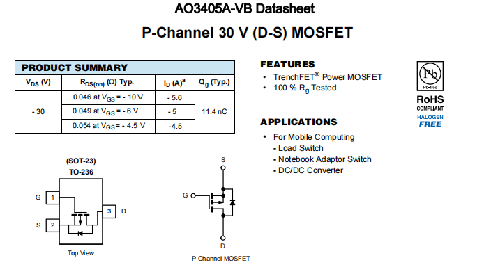 AO3405A-VB一种P—Channel沟道SOT23封装MOS管