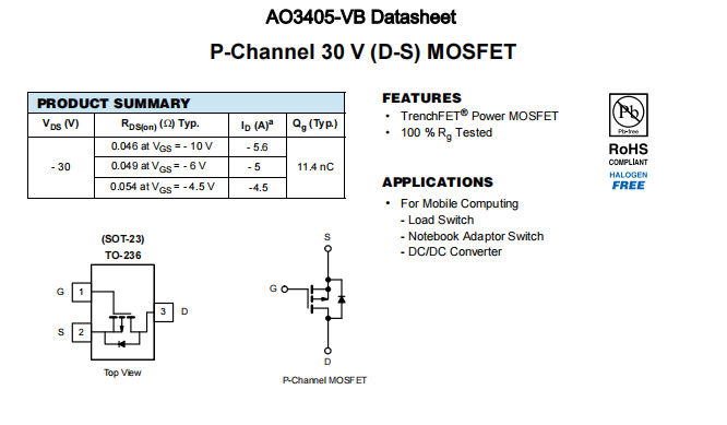 AO3405-VB一种P—Channel沟道SOT23封装MOS管