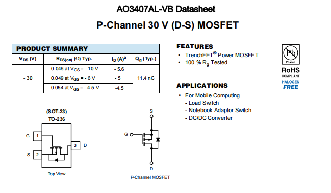 AO3407AL-VB一种P—Channel沟道SOT23封装MOS管