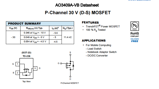 AO3409A-VB一种P—Channel沟道SOT23封装MOS管