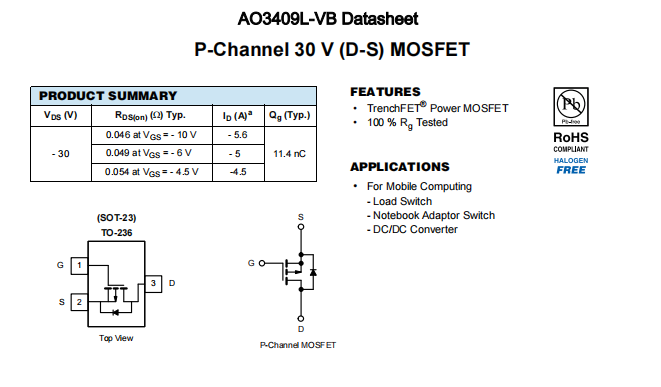 AO3409L-VB一种P—Channel沟道SOT23封装MOS管