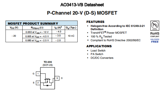 AO3413-VB一种P—Channel沟道SOT23封装MOS管