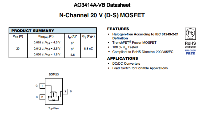 AO3414A-VB一种N—Channel沟道SOT23封装MOS管