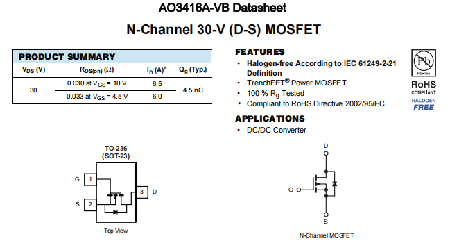 AO3416A-VB一种N—Channel沟道SOT23封装MOS管