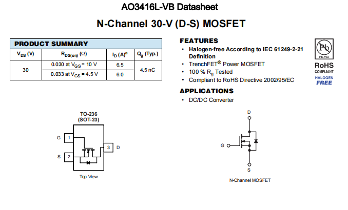 AO3416L-VB一种N—Channel沟道SOT23封装MOS管