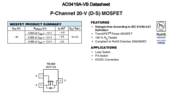 AO3419A-VB一种P—Channel沟道SOT23封装MOS管