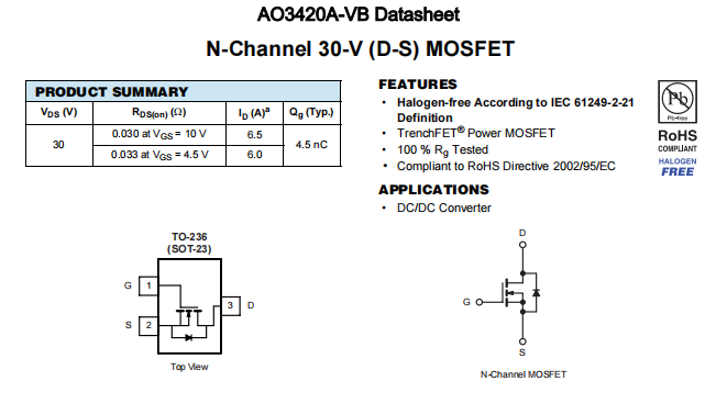 AO3420A-VB一种N—Channel沟道SOT23封装MOS管