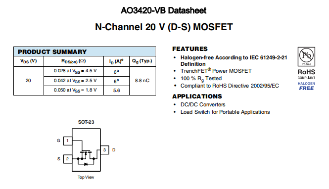 AO3420-VB一种N—Channel沟道SOT23封装MOS管