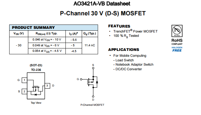 AO3421A-VB一种P—Channel沟道SOT23封装MOS管