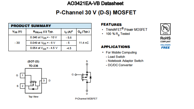 AO3421EA-VB一种P—Channel沟道SOT23封装MOS管