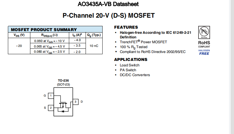 AO3435A-VB一种P—Channel沟道SOT23封装MOS管