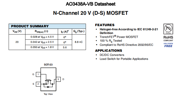 AO3438A-VB一种N—Channel沟道SOT23封装MOS管