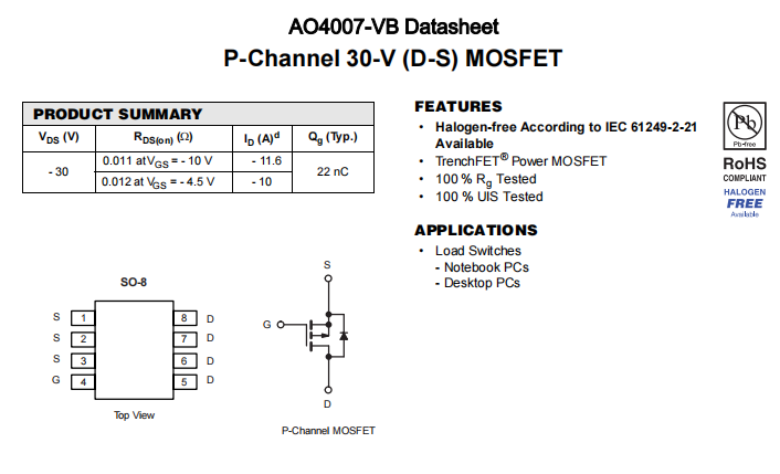 AO4007-VB一种P—Channel沟道SOP8封装MOS管