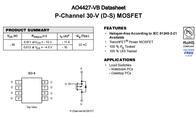 AO4427-VB一种P—Channel沟道SOP8封装MOS管