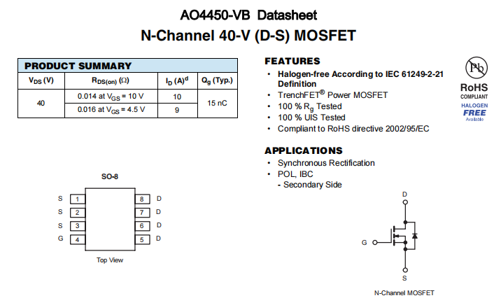 AO4450-VB一种N—Channel沟道SOP8封装MOS管