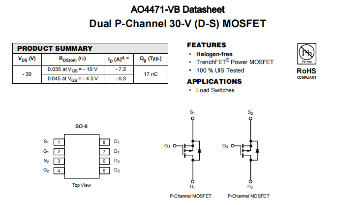 AO4471-VB一种2个P—Channel沟道SOP8封装MOS管