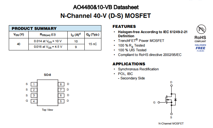 AO4480&10-VB一种N—Channel沟道SOP8封装MOS管