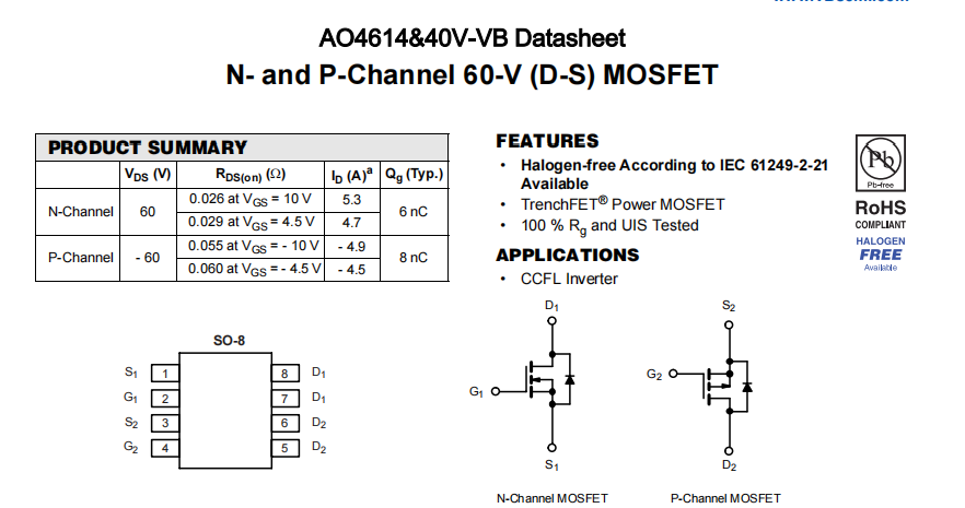 AO4614&40V-VB一种N+P—Channel沟道SOP8封装MOS管